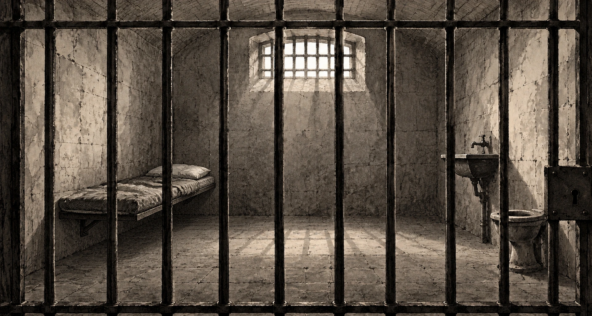 Wide Victorian stone prison cell with a wall-mounted bunk, a barred window, a sink and a toilet, seen through wrought iron bars.